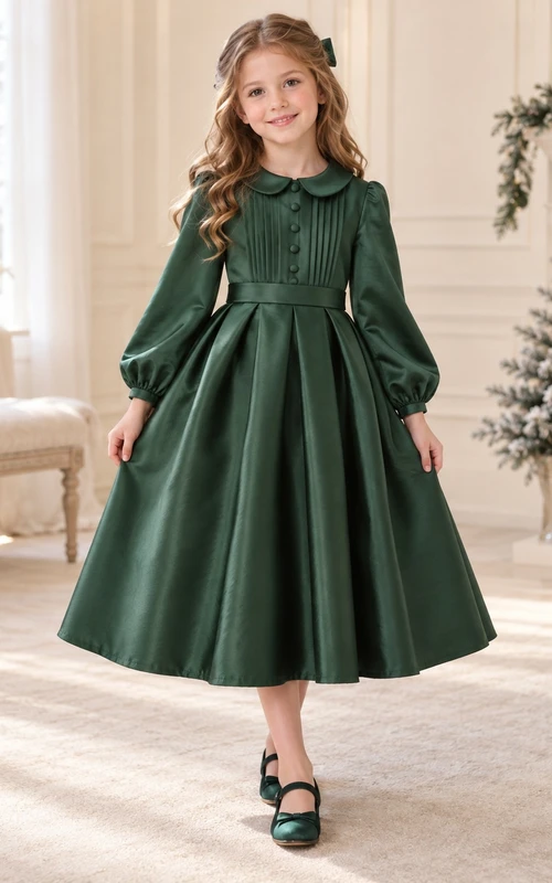 Waldgrünes Blumenmädchenkleid aus Satin mit Knopfleiste, Bischofsärmeln und Teelänge