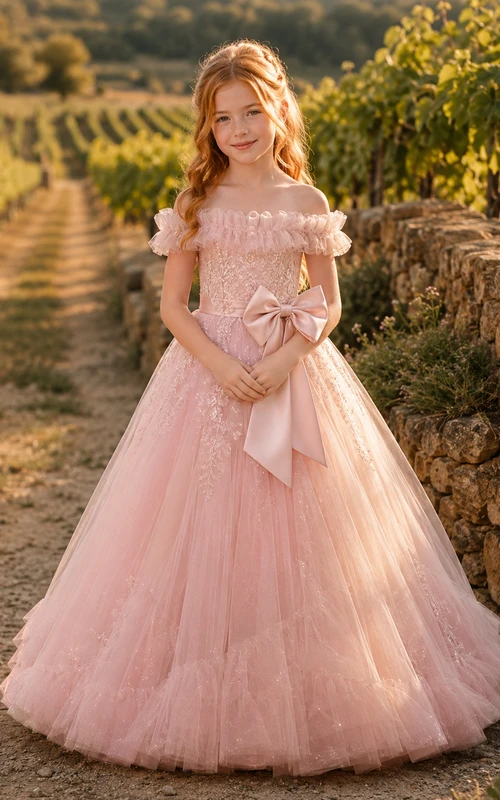 Blumenmädchenkleid aus rosafarbenem Tüll, A-Linie, kurze Ärmel, schulterfrei, bodenlang, Schleife am Rücken