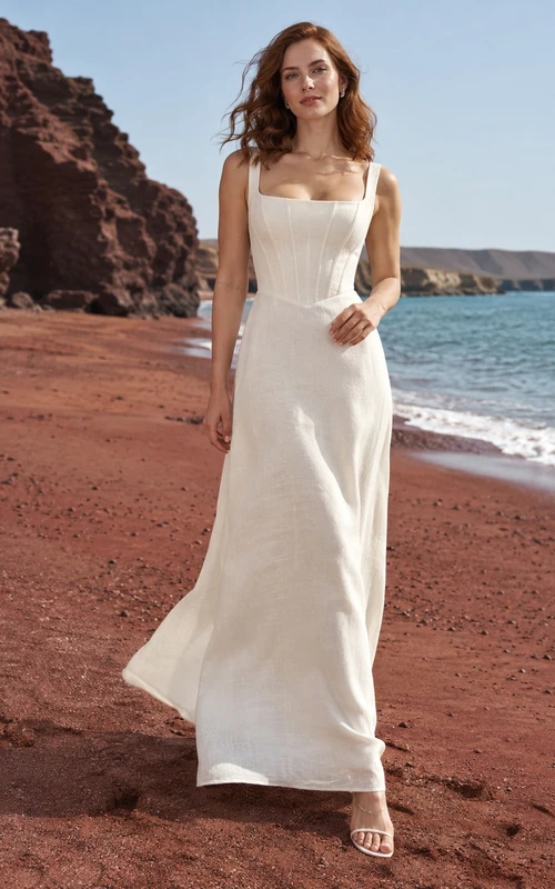 Vestido de novia de lino con escote cuadrado, tirantes, corpiño tipo corsé y falda ajustada.