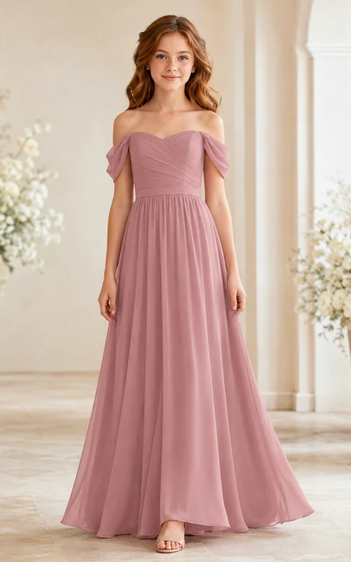 Vestido de dama de honor juvenil color rosa empolvado, corte en A, hombros descubiertos, manga corta, fruncido de pétalos, estilo romántico.