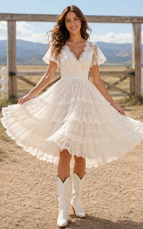 Western V Neck Lace Wedding A Line Flutter Sleeve Tiered Tea Length