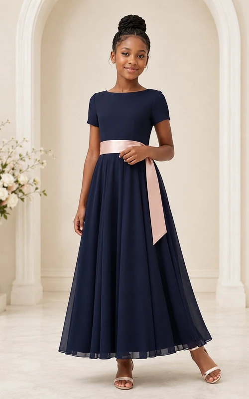 Dunkelblaues Brautjungfernkleid im A-Linien-Stil mit Strasssteinen, kurzen Ärmeln und kontrastierender Schärpe, elegant