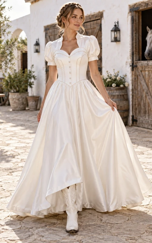 Sencillo vestido de novia de satén de corte A asimétrico, estilo western country, con mangas abullonadas y corpiño abotonado.