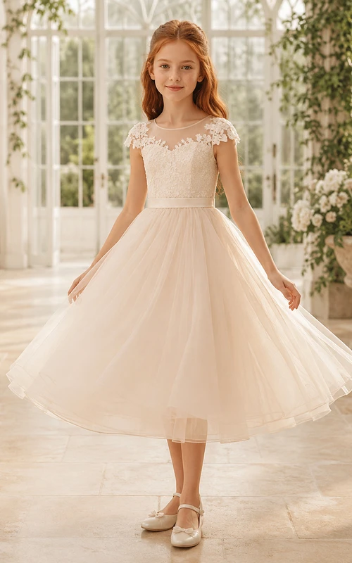 Cap Sleeve Lace Tulle A-Line Flower Girl Dress with Jewel Neck and Tea-Length Skirt