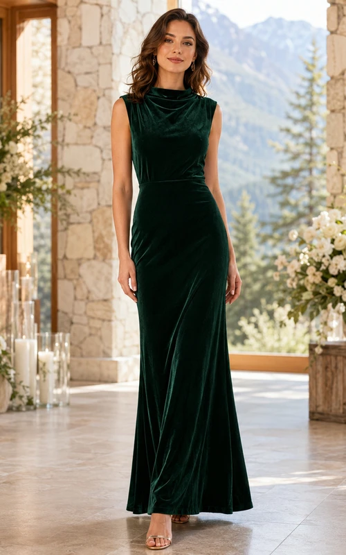Vestido de noche largo hasta el suelo de terciopelo drapeado con cuello alto, color verde bosque, estilo saco, ideal para invitadas de hotel.