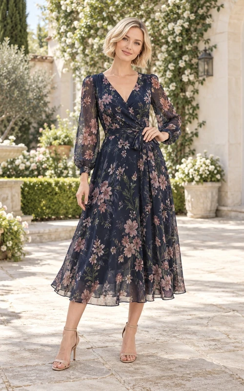 Vestido de invitada de manga larga, largo midi, color azul marino con estampado floral y escote en V.