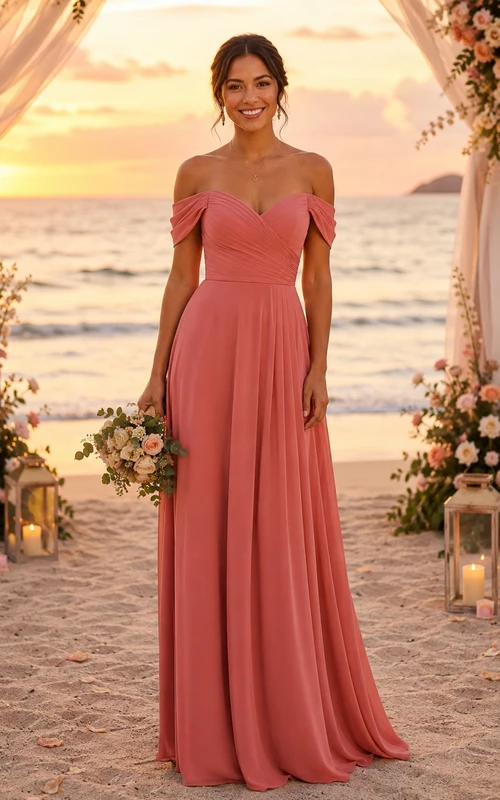Vestido de dama de honor de gasa color coral con escote Bardot y corte en A