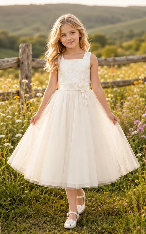 Klassisches A-Linien-Kleid aus Tüll für Blumenmädchen mit Rundhalsausschnitt, wadenlangem Rock und Schleifendetail