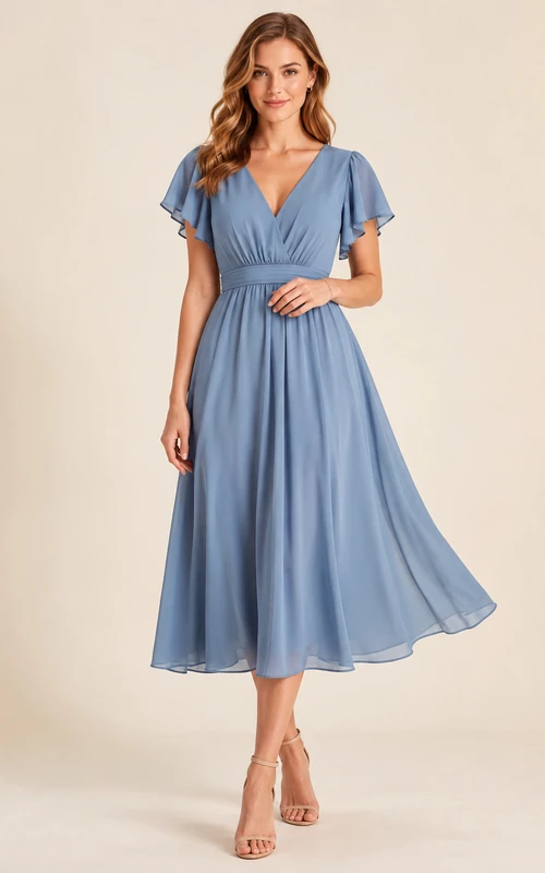 Dusty Blue Flutter Sleeve V Neck Chiffon Occasion Midi Dress