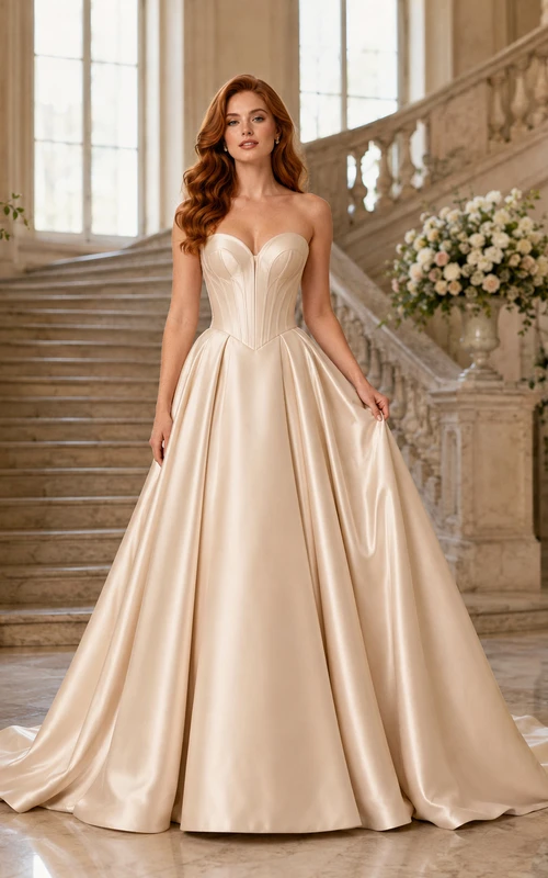 Vestido de novia minimalista de satén, estilo princesa, sin tirantes, escote corazón, cola de corte.
