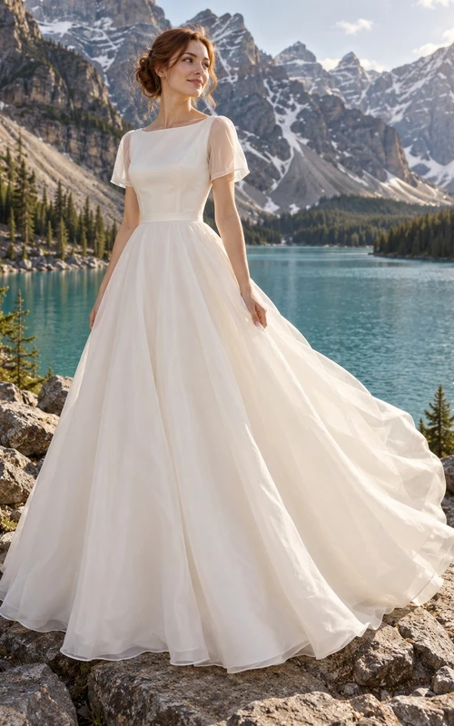 Sencillo vestido de novia de organza con escote barco, manga corta, falda amplia en línea A y espalda abotonada.
