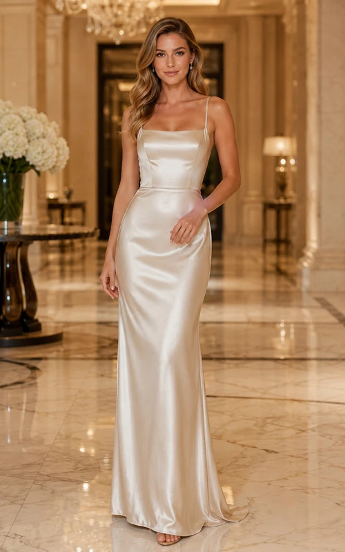 Ivory Spaghetti Strap Satin Sheath Formal Dress
