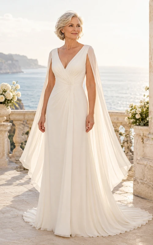 Chiffon-Hochzeitskleid, A-Linie, V-Ausschnitt, ärmellos, Kapellenschleppe, tiefer V-Ausschnitt am Rücken