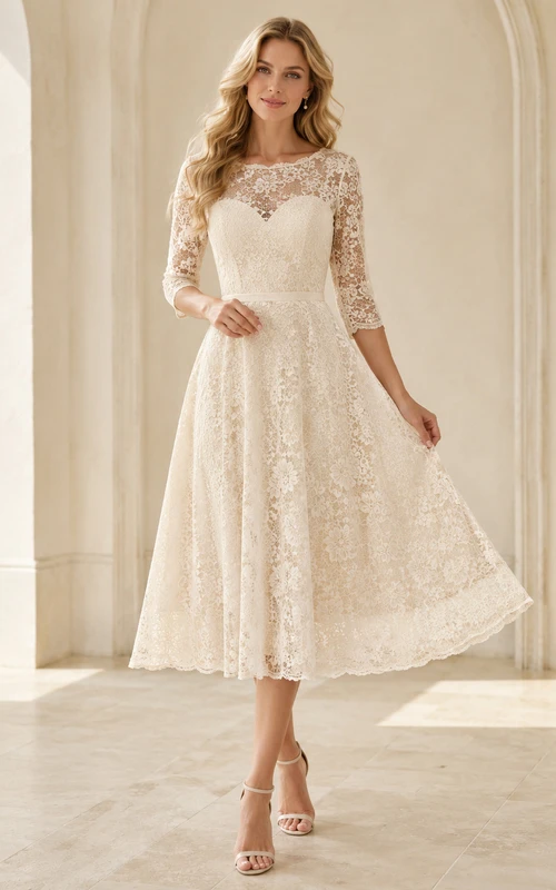 Robe de mariée mi-longue à manches trois-quarts, en dentelle florale, taille naturelle, coupe ajustée et évasée, dos illusion, décolleté bateau.