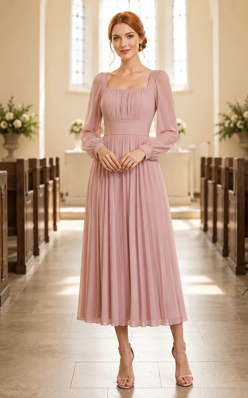 Church Dusty Rose Square Neck Chiffon A-Line Tea-Length Long Sleeve Dress