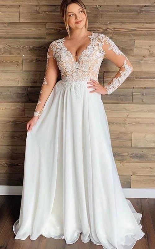 Brautkleider aus Spitze in großen Größen | Weißes Brautkleid mit langen Ärmeln für kurvige Arme