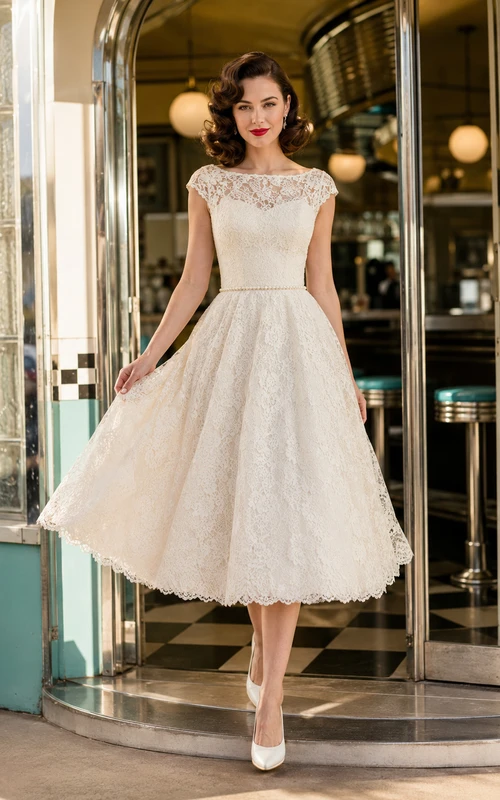 Illusion Cap Sleeve Lace Tea Length Retro Bridal Dress