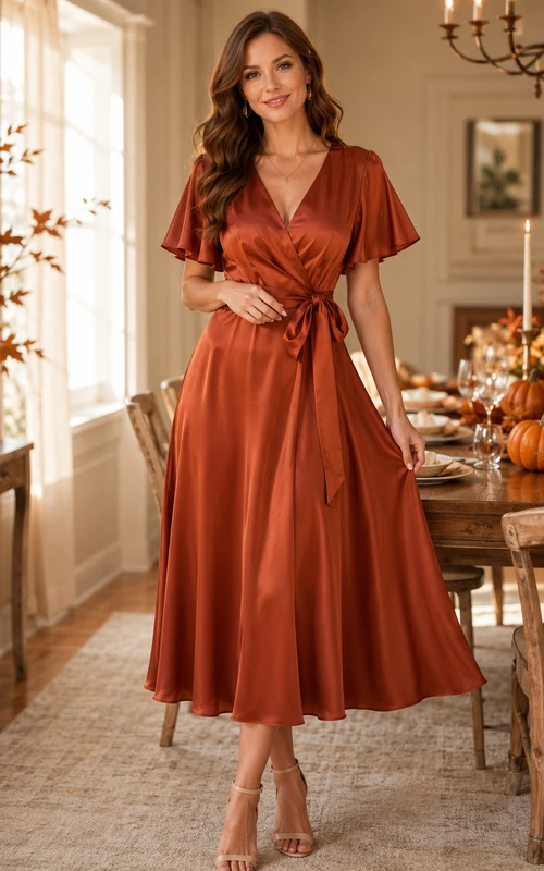Rust Flutter Sleeve Satin Wrap Midi Thanksgiving Dinner Dress