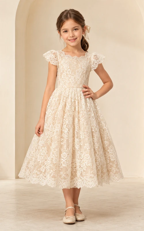 Robe de demoiselle d'honneur élégante, coupe trapèze, en tulle et dentelle florale, col carré, manches pétales, longueur thé