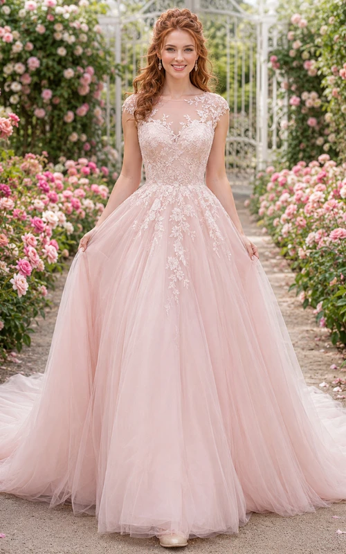 Blush Illusion Cap Sleeve Lace Ball Gown Garden Bridal Dress