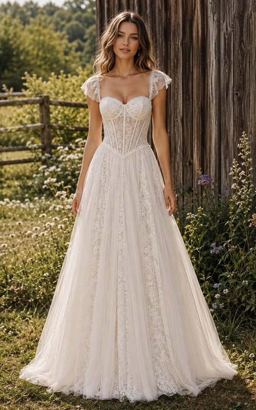 Landhaus-Hochzeitskleid mit kurzen Ärmeln, Spitzenkorsett und tiefer Taille