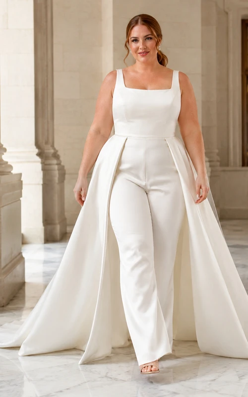 Combinaison de mariée grande taille en satin à col carré et bretelles larges, avec surjupe amovible.