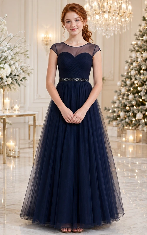 Elegantes Brautjungfernkleid in Tintenblau, A-Linie, herzförmiger Schnitt, kurze Ärmel, Tüll