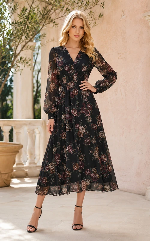 Vestido midi de gasa con cuello en V y mangas largas, estampado floral oscuro