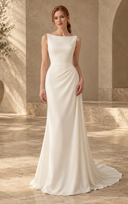 Simple Bateau Sleeveless Ruched Satin Sheath Train Wedding Dress