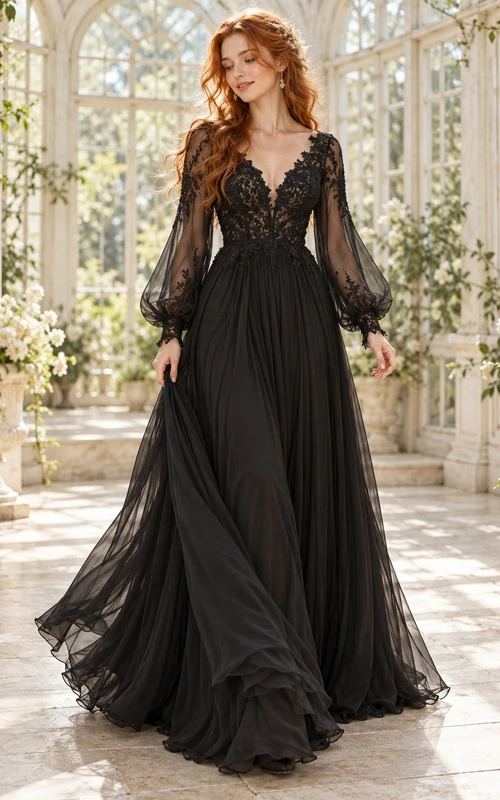 Black Long Poet Sleeve V-neck Lace Chiffon Wedding Dress