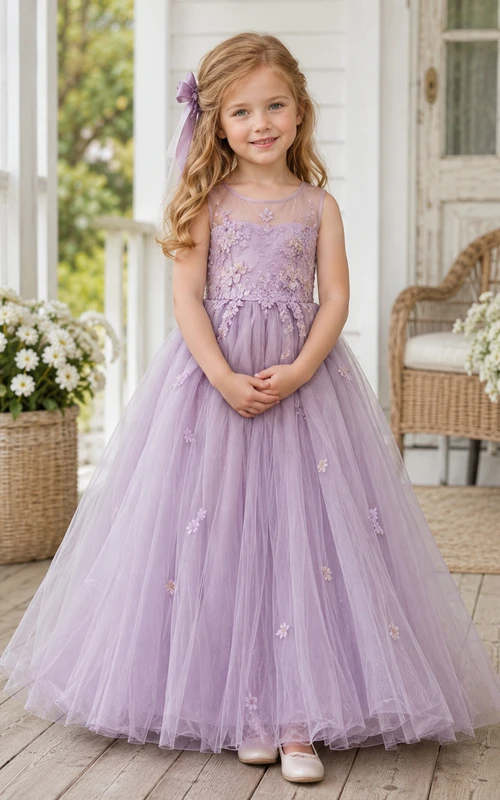 Vestido de niña de flores de tul y encaje lavanda con corte en A, mangas cortas, cuello redondo, falda a la rodilla y detalle de lazo.