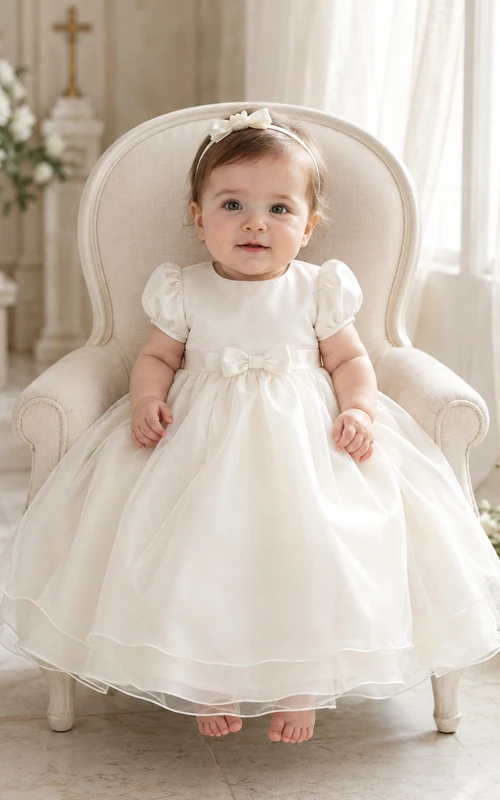 Satin Bodice Organza Skirt Baby Baptism A-Line Puff Sleeve Dress Simple