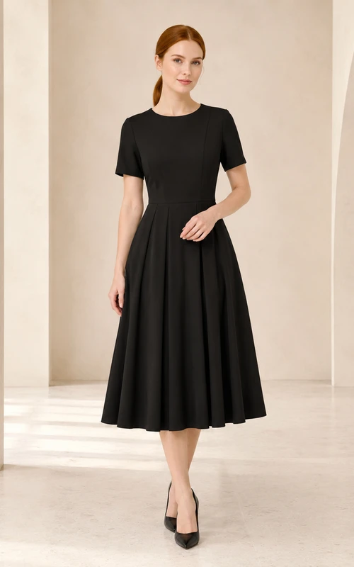 Black Short Sleeve A Line Modest Memorial Service Midi Dress