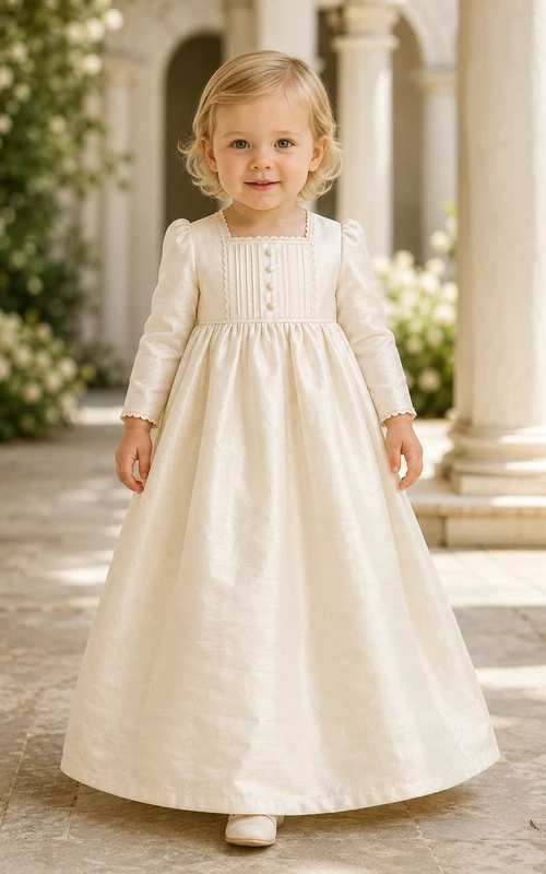 Pleated Dupioni Silk Baby Baptism A-Line Long Sleeve Gown Simple Elegant Adorable Jewel Floor-length