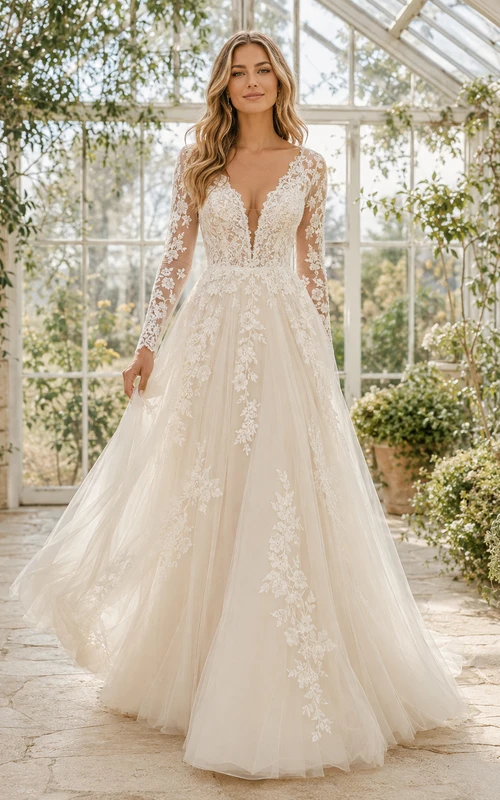 Robe de mariée bohème trapèze, décolleté en V profond, manches longues illusion en dentelle, traîne chapelle