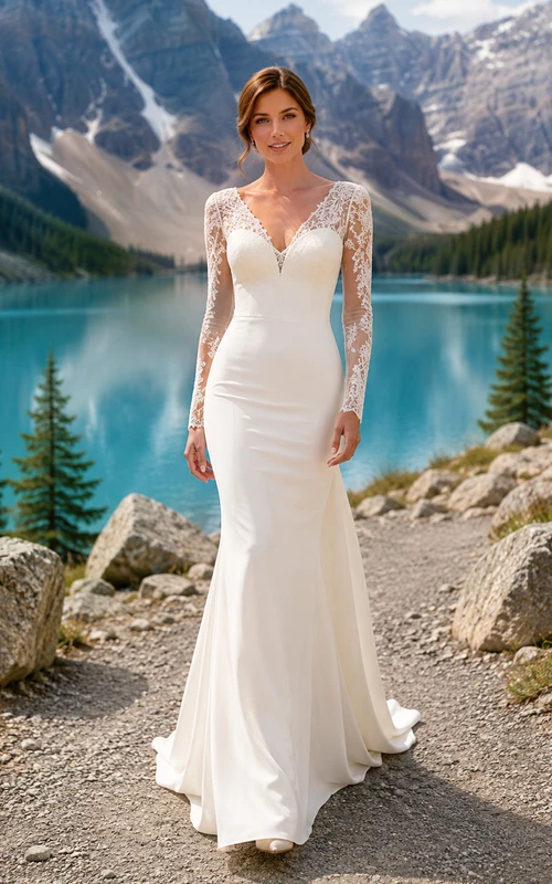 Robe de mariée sirène en crêpe de dentelle à manches longues pour une destination alpine