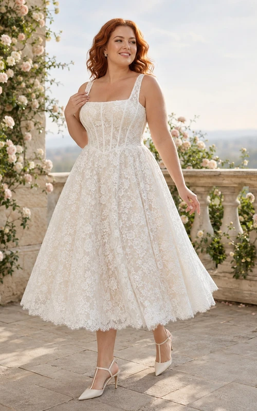 Plus-Size Teelänge, eckiger Ausschnitt, Korsett-Oberteil, Spitze, A-Linie, Vintage, romantisches Brautkleid