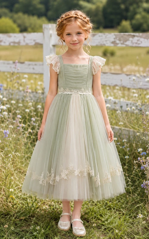 Sage Romantic Country Lace Tulle Flower Girl Tea-Length Petal Sleeve Garden V-Back Dress