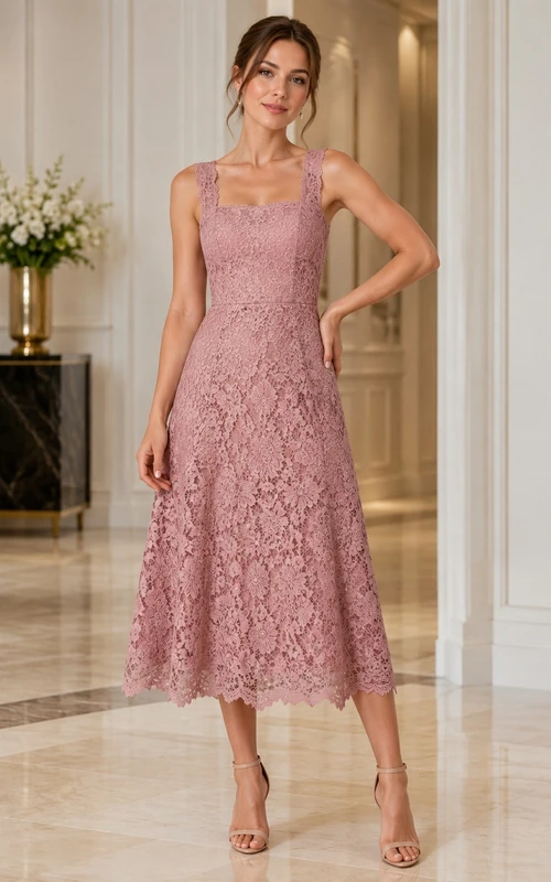 Mauve Lace Straps A-Line Tea-length Elegant Bridesmaid Dress