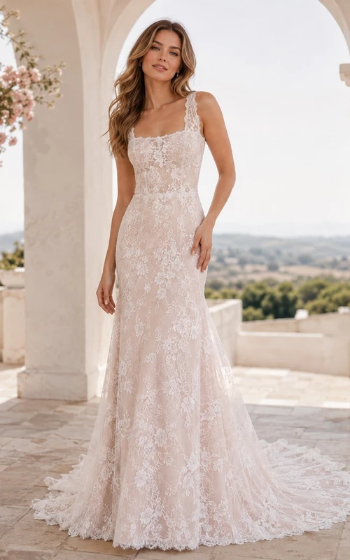 Etuikleid mit eckigem Ausschnitt, Spitze und Schleppe, Brautkleid für formelle Anlässe