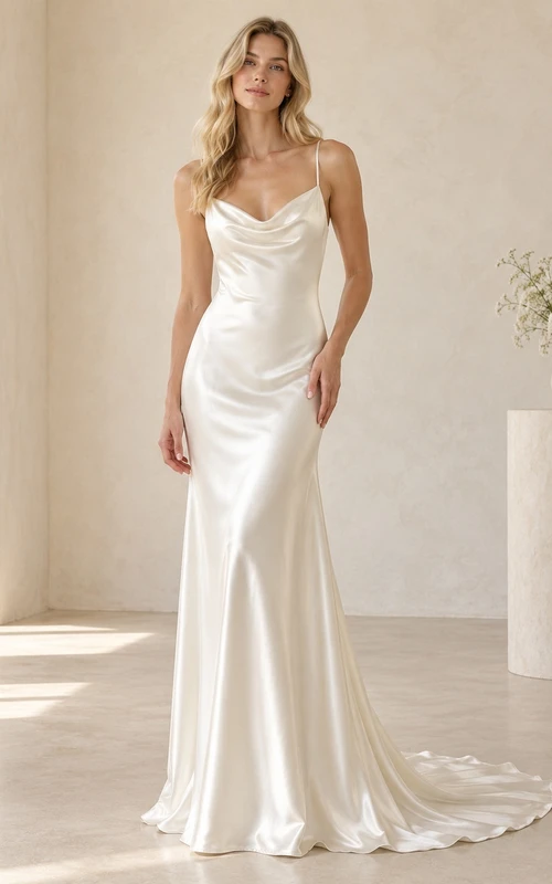 Simple Cowl Neck Spaghetti Strap Satin Sheath Wedding Dress