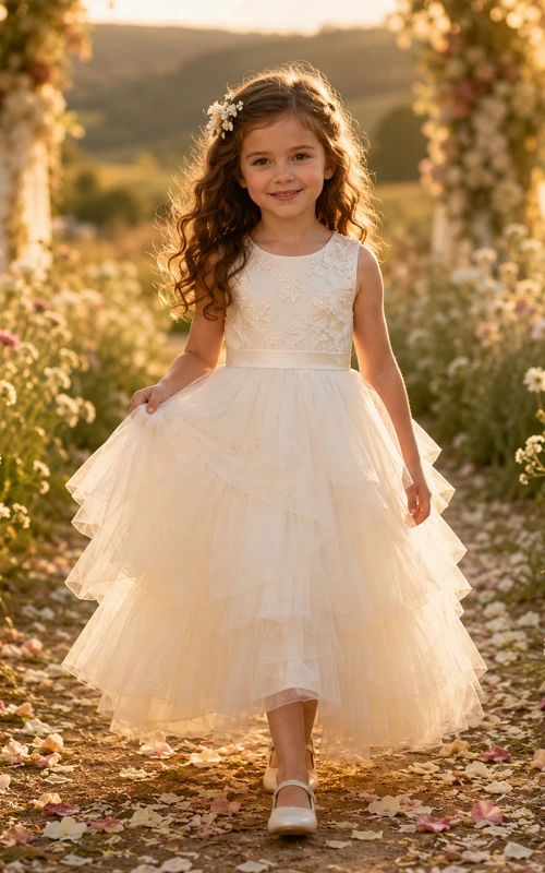 Flower Girl Dress Ivory Lace Tulle A-Line Scoop Neck Tea Length