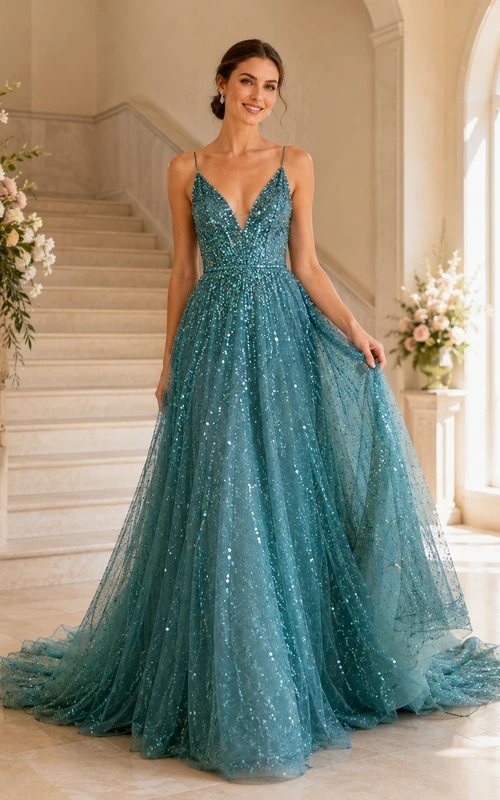 Türkisfarbenes Pailletten-Brautkleid mit Spaghettiträgern, V-Ausschnitt und A-Linien-Schnitt