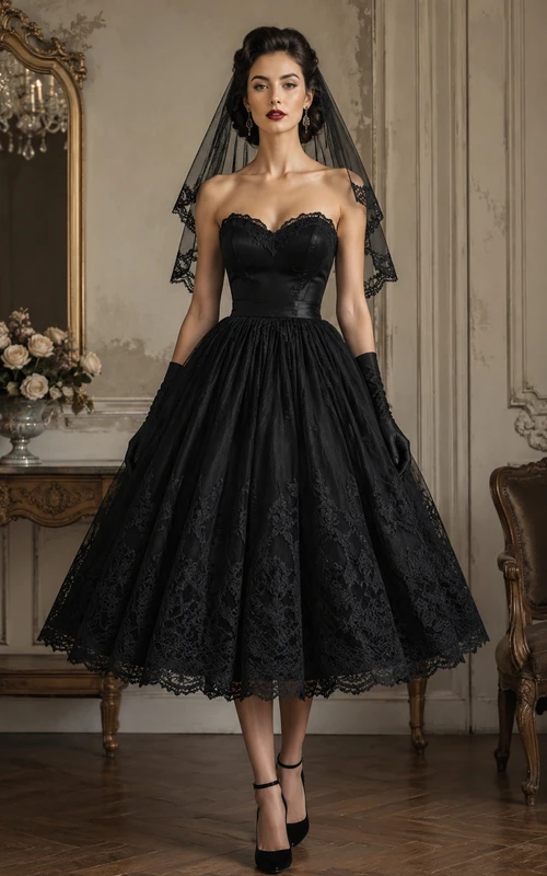 Vestido de novia negro sin tirantes de encaje hasta la rodilla