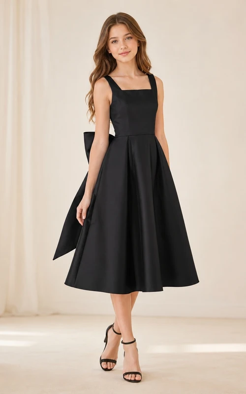 Schwarzes junges Brautjungfernkleid, A-Linie, ärmellos, wadenlang, Satin, Schleife, modern
