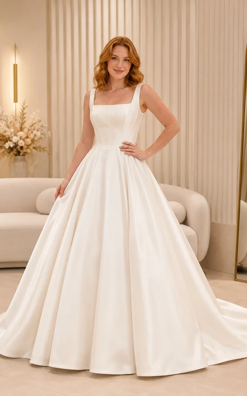 Vestido de novia moderno de satén con escote cuadrado y falda de gala.