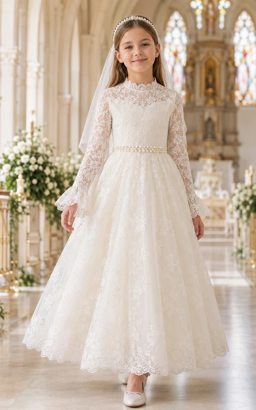 Vestido formal de iglesia para niña de las flores, con cuello alto, encaje y manga larga.