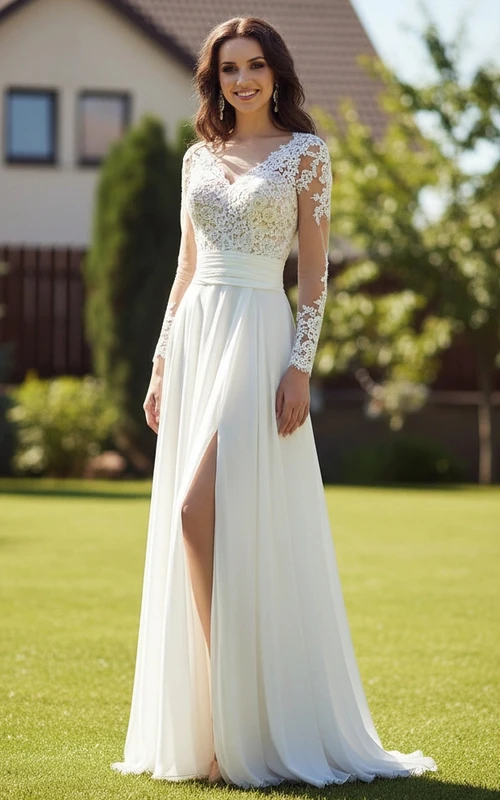 Modernes, langärmeliges Brautkleid aus Spitze – A-Linien-Chiffonkleid mit hohem Seitenschlitz