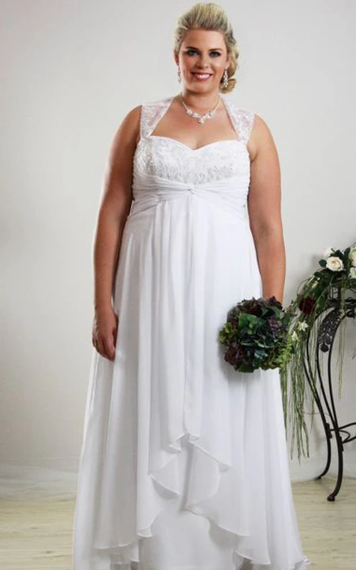 Robe de mariée longue sans manches de style Queen Anne en mousseline drapée grande taille avec appliques