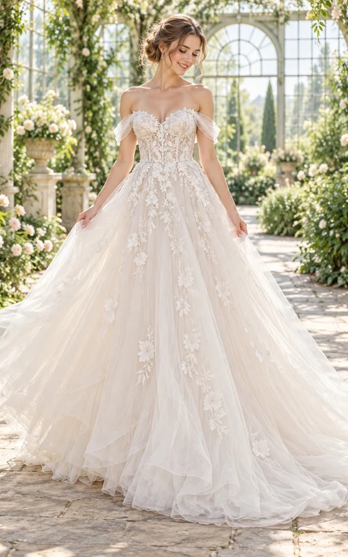 Off Shoulder Floral Corset Layered Tulle A-line Train Wedding Dress